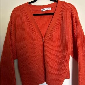 Zara Orange Ribbed Knit Cardigan Sweater